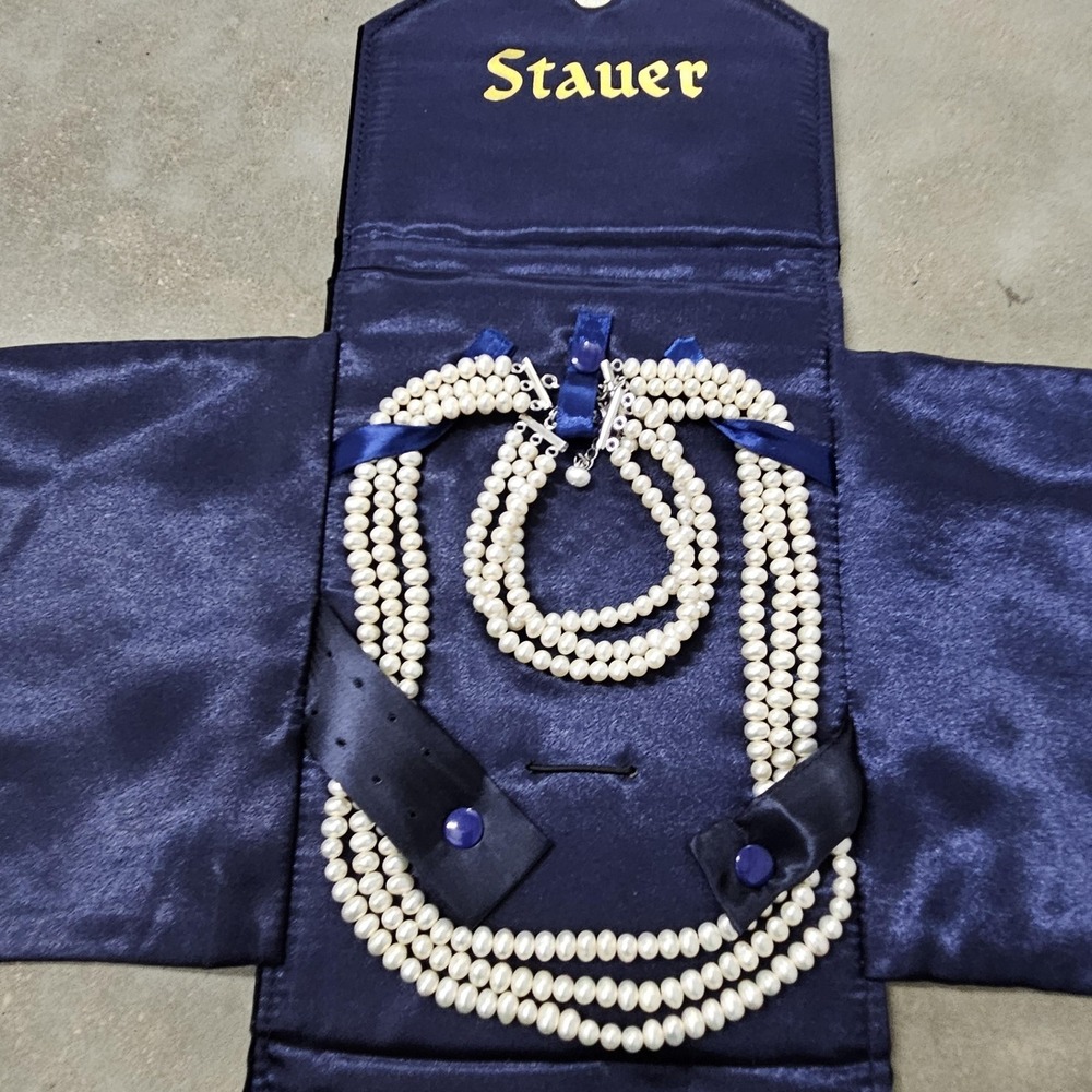 Stauer White Bead Multi Strand Jewelry Necklace Bracelet Set Blue‎ Velvet Pouch